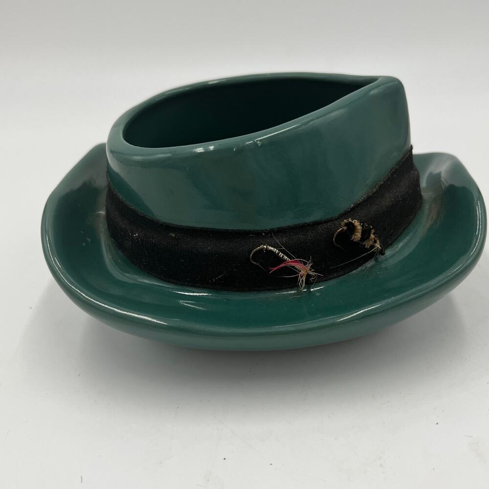 Vintage Fly Fisherman Ceramic Fedora Hat Decorative Planter Blue Green Japan